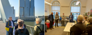 Im Gespräch mit den Genossinnen und Genossen aus Rotterdam: Bei der Besichtigung des Stadtviertels "Kop van Zuid" (links) und im Rathaus bei einem herzlichen Empfang durch Richard Moti (vierter von links), Fraktionsvorsitzender der PvdA Rotterdam, und weiteren Fraktionsmitgliedern (rechts).